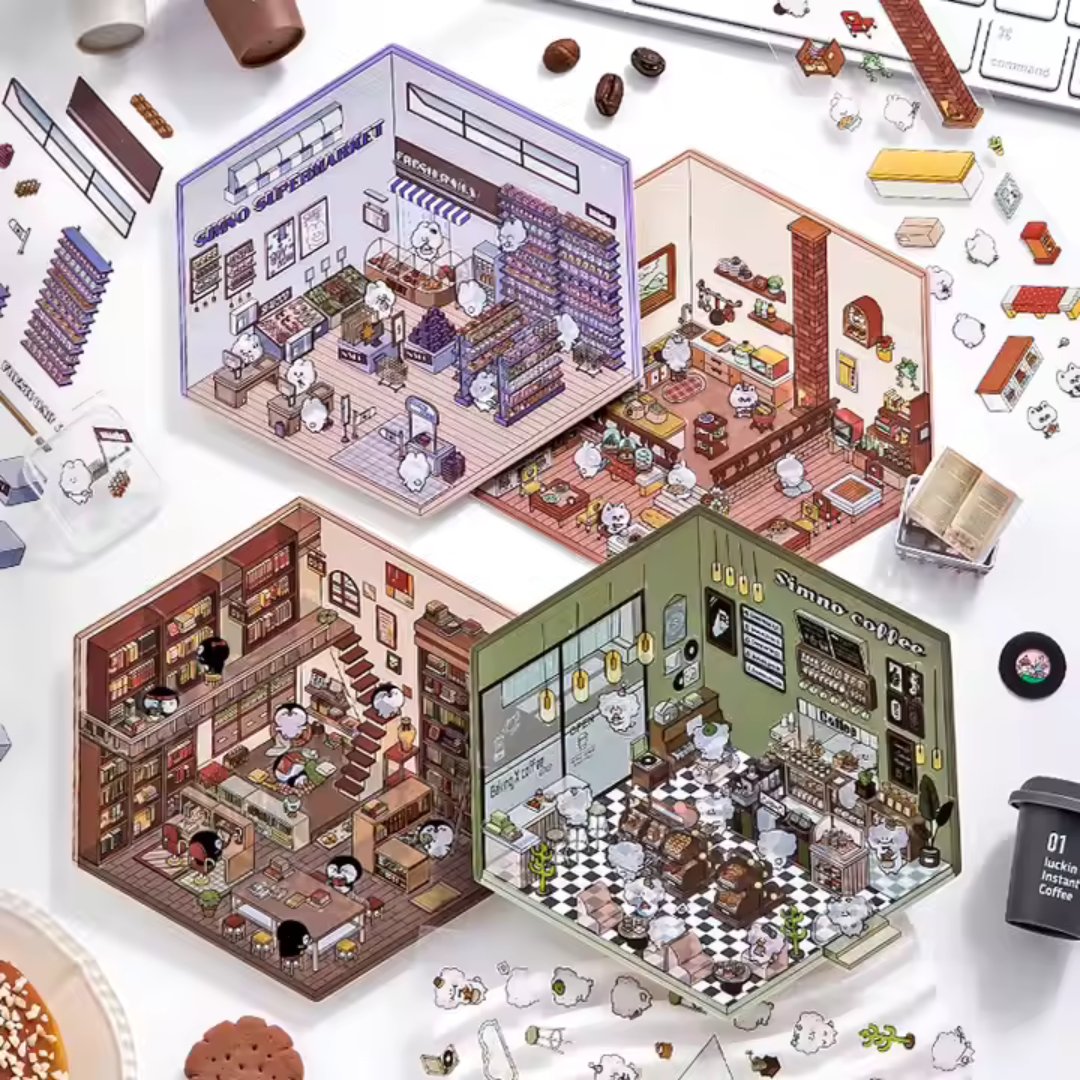Bookstore DIY Isometric Sticker Scene