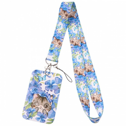Blue Floral Cat ID Card and Lanyard
