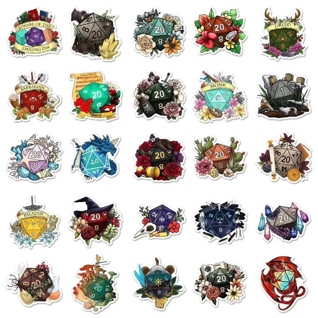 Fantasy D20 Dice 50 Pack Stickers