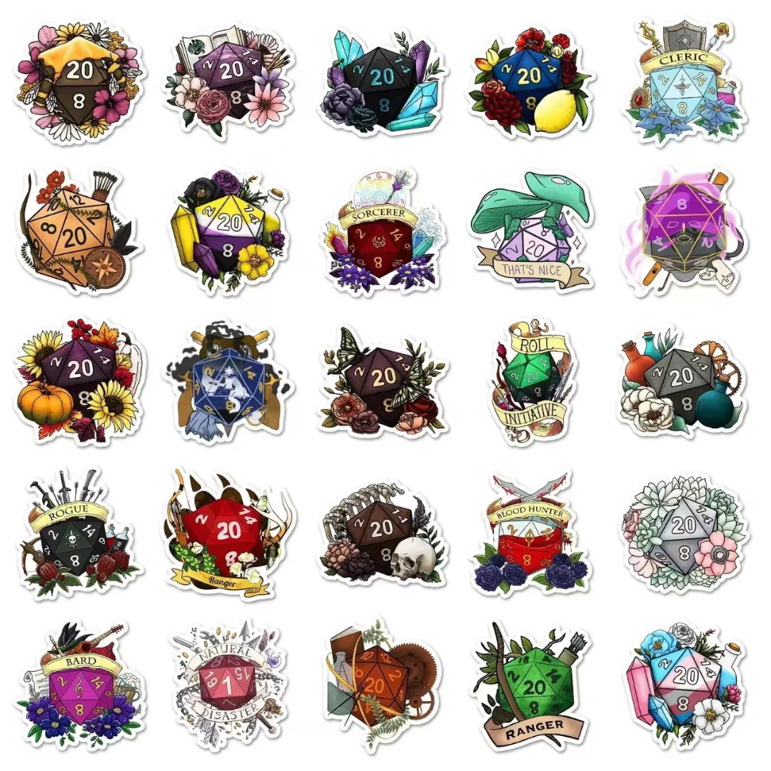 Fantasy D20 Dice 50 Pack Stickers