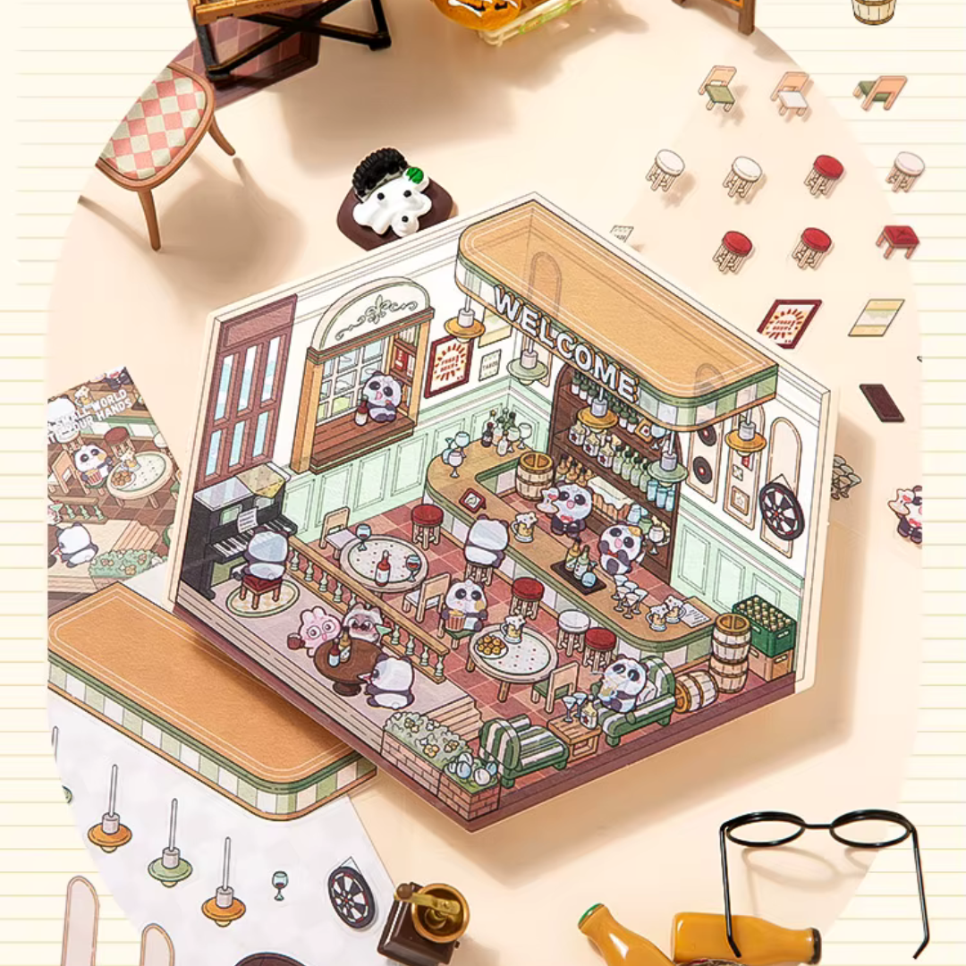 An isometric sticker scene depicting a dining room with various miniature figures and objects, such as chairs, plates, and a Welcome sign.