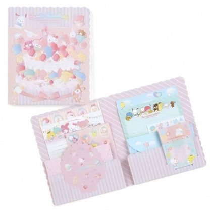 A letter writing set with Hello Kitty and other Sanrio characters, including envelopes, letter sheets, mini envelopes, a mini card, and a sticker sheet, all in a pastel color scheme.